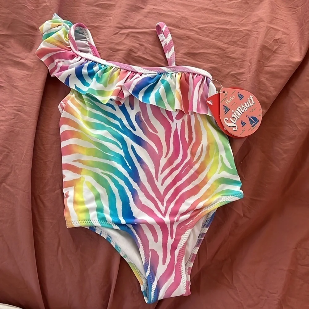 Hatley‎ One Shoulder Ruffle Swimsuit (Rainbow Zebra) size 2T
